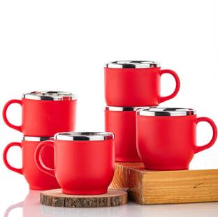 AIROMOON Pack of 6 Stainless Steel, Plastic Tea Cup Set, Tea Cup, Steel Cup Set, Cup Set 120 ML