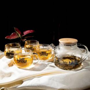 JustBrew Pack of 5 Borosilicate Glass Skyline Teapot set of 4 cup 1 Tea Pot, Teapots for Green Tea and Cups, 1100ml