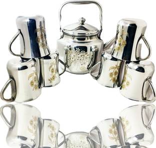 CLASY Pack of 7 Stainless Steel Stainless Steel Laser Printed Tea Kettle With 6 pcs Of Tea/Coffee Cup