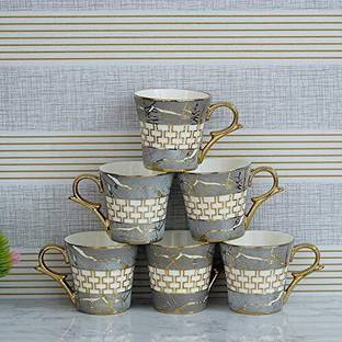 Femora Pack of 6 Bone China Indian Ceramic Fine Bone China Grey Gold Line Tea Cup - 6 Pcs, 155 ML