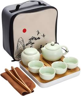Qebham Pack of 1 Ceramic Tea Pot Set Set with Portable Teapot, Cups, Canister, Tray & Travel Carry Bag