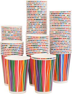 Paricott Pack of 100 Paper Paricott Cups 300ml Stripe Printed Disposable Party for Hot & Cold Beverages