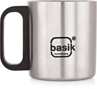 BASIK Pack of 2 Stainless Steel Astra Double-walled Tea Cup, Stainless Steel Inner, Set of 2, (180ml/Cup) Black