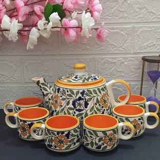 AAV WORLD Pack of 6 Ceramic MUGAL@2334 KETTLE WITH CUP SET