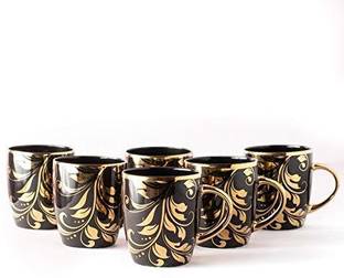 ETX Pack of 6 Bone China Best Quality Designer Tea and Coffee Mugs Set of 6 Pieces 220 ml (Black & Gold )