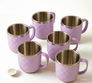 THEURBANTOTE Pack of 6 Stainless Steel, Plastic unbreakable Diamond design cup set of 6, 200ML