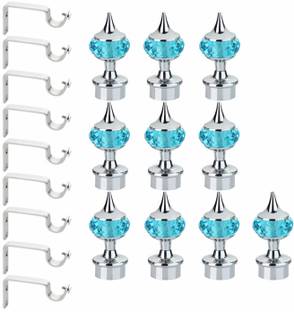GLOXY Light Blue, Silver Rod Rail Bracket, Curtain Knobs, Curtain Hooks, Curtain Rods Metal