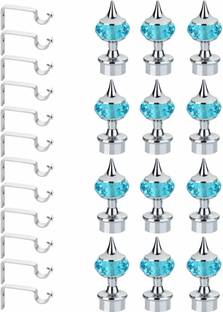 GLOXY Light Blue, Silver Rod Rail Bracket, Curtain Knobs, Curtain Hooks, Curtain Rods Metal