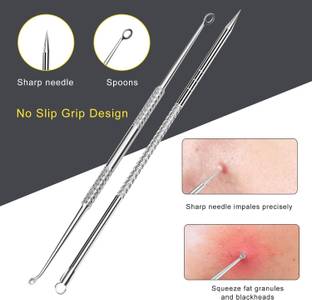 BM RETAIL Stainless Steel Blackhead Remover Needle 1 Pointed & 2 Round Tip Set Dual Ended Cuticle Pusher