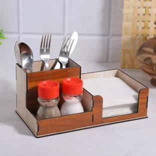 GENIYO Cutlery Kitchen Rack Wood | Spoon, Fork, Knife And Paper Napkin Organizer Stand For Cafe Dining Table