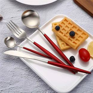 UniKart Silver Cutlery Set with Cherry Red Handle|for Dinner, Fruit, Café, Desserts Stainless Steel Cutlery Set