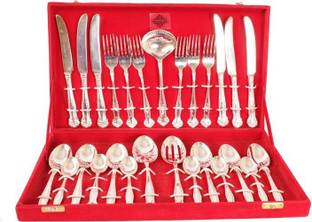 IndianArtVilla Gift Set of 12 Spoons, 6 Forks, 6 Knifes and 3 Serving Spoons Silver Plated Cutlery Set