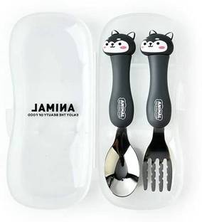 AL ATASH Tableware Cartoon Kids Spoon and Fork Set Dessert Spoon for Children (Dog Black) Stainless Steel, Plastic Cutlery Set