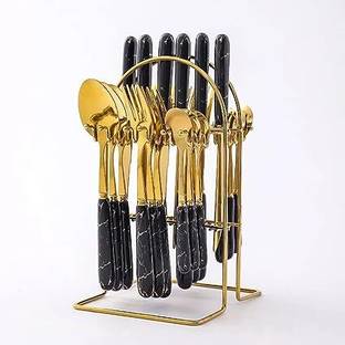 Merish Cutlery Set Black Gold Plated with Marble Finish Handle Stainless Stee Stainless Steel Cutlery Set