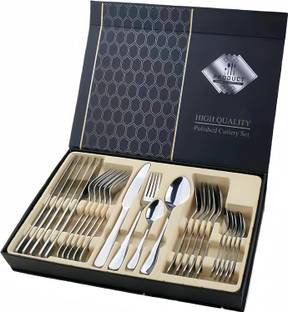 Iktu 24-Piece Stainless Steel Cutlery Set 6 Fork 6 Knife 6 Spoon 6 Salad Spoon Silver Stainless Steel Cutlery Set