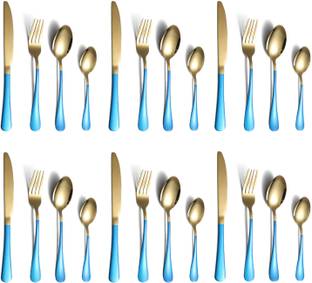 UniKart Golden Cutlery Set with Persian Blue Handle|for Dinner, Fruit, Café, Desserts Stainless Steel Cutlery Set