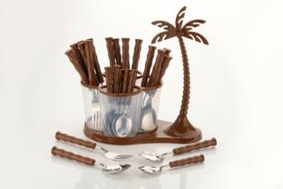 Lion Lender Customers 1st Choice 24 pcs Revolving Coconut Cutlery Set,Spoon Set With Stand(Brown) Stainless Steel, Plastic Cutlery Set