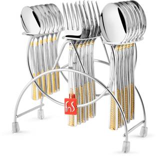 FnS Midas 24 Karat Gold Plated on Handle - 6 Dinner Spoons, 6 Fork & 6 Teaspoons Stainless Steel Cutlery Set