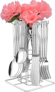 Troozy Olive Cutlery Set (6.Knife,6 Fork,6 Dinner Spoon, 6 Tea Spoon With Flower Stand) Stainless Steel Cutlery Set