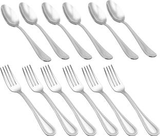 ZORROW MART Stainless Steel Table Spoons and Forks Set, 6 pc each, Pack of 12 Stainless Steel Cutlery Set