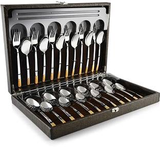 FnS International Pvt Ltd FnS Oscar 24 Karat Gold Plated Cutlery Set with Leatherette Box Stainless Steel Cutlery Set