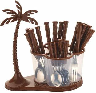 Primelife Antic Cutlery Set for Dining Table with Stand-24 Piece Stainless Steel with Plastic Cutlery Set- 6 Table Spoons, 6 Tea Spoons, 6 Forks, 6 Dessert Spoons - Brown Plastic Cutlery Set