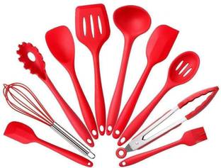 SYGA Silicone Kitchen Utensils Spoon Set, 10 Pieces Silicone Cooking & Baking Tool Sets Non-Toxic Hygienic Safety Heat Resistant_Red Silicone Cutlery Set