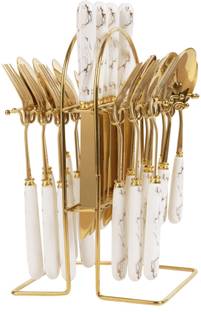 MGeezz Abstract Golden Stainless Steel Spoons, Forks & Knives Ceramic Cutlery Sets Stainless Steel, Ceramic Cutlery Set