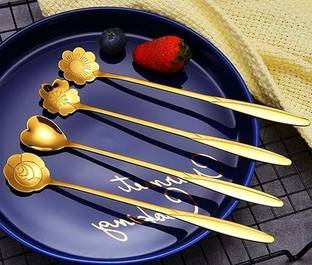 GOPINATH AUTOLINK 4 PCS Golden Spoons, Coffee Spoon, Flower Teaspoons, Desserts Spoons Stainless Steel Cutlery Set