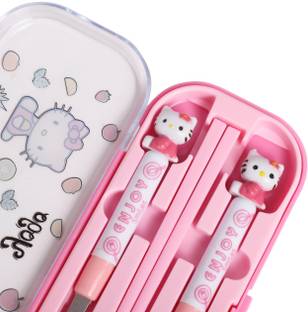 CherryBox Pink Kitty Spoon, Fork and Chopsticks Cutlery Set for Kids with Box Stainless Steel Cutlery Set