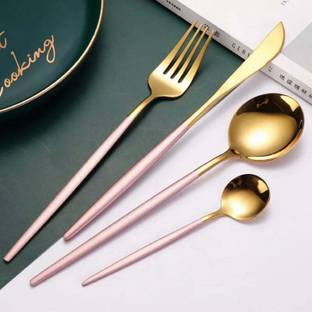 UniKart Golden Cutlery Set with Fuchsia Pink Handle|for Dinner, Fruit, Café, Desserts Stainless Steel Cutlery Set
