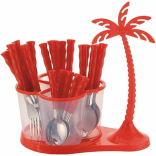 Parage Tree 25 pc Cutlery Set for Dining Table, Spoons Set Combo With Stand, Red Stainless Steel, Plastic Cutlery Set