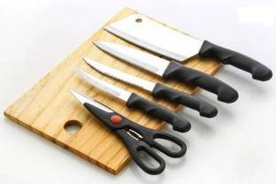 R K ENTERPRISE Wooden Chopping Board with Knife Set & Scissor, 6 Piece Kitchen Knife Set Wooden, Stainless Steel Cutting Board