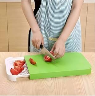 Jinila 3 in 1 Chopping Board with Strainer Tray Sliding Cutting Board for Kitchen Use Plastic Cutting Board