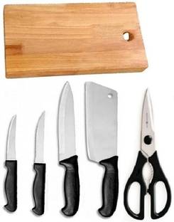 DNJ Wooden Chopping Board with Knife Set & Scissor,4 KNIFE Wooden Cutting BoarD Stainless Steel Cutting Board