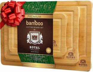 ROYAL CRAFT WOOD Royal Craft Wood Organic Bamboo Cutting Board with Juice Groove (3-Piece Set) - Best Kitchen Chopping Board for Meat (Butcher Block) Cheese and Vegetables | Anti Microbial Heavy Duty Serving Tray w/Handles Wooden Cutting Board