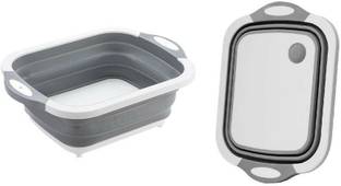 VRN Enterprise Collapsible 3 in 1 Multi Functional Kitchen Foldable Cutting,Chopping Board,Vegetable,Fruit Washing,Dish Tub Storage Basket with Draining Plug Board Dish Sink Tub Vegetable Basket Plastic Cutting Board Silicone Cutting Board