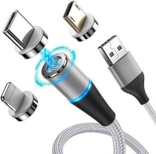 SANNO WORLD 3-in-1 Cable 2.4 A 1.2 m Copper Magnetic USB 360 Degree Rotation 3 in 1 Fast Charging Data Cable Compatible with All iPhone & USB Type- C & Micro USB Nylon Braided Wire with LED Light