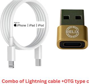 Relix Lightning Cable 3 A 1 m along with OTG Adapter ,Combo of USB-C to Lightning data cable [MFi Certified+90 days replacement warranty], 20W PD Fast Charging & 480Mbps Data Sync, Type-C to 8-Pin Charger Cord for iPhone Plus OTG ,Type-C Female to USB Male