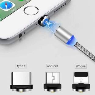 NKL Micro USB Cable 2 A 1.2 m 025 Super Fast Data Cable3.0 A 3 in 1 Cable Nylon Braided Fast Charging Cable 3.0A Magnet Cable Multi 3-in-1 360 Degree Rotate With LED for Android Samsung ,Iphone ,Type-C Charging Cable1