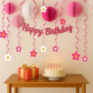 Untumble Pink Floral Swirls Kit for Birthday Party Decoration Set of 17 pcs