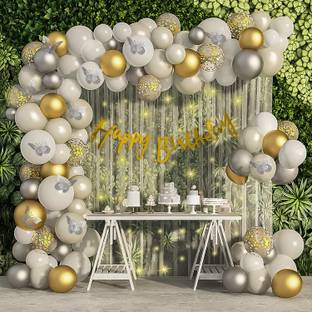 specialyou.in Special You 85 Items Birthday Decoration Items includes White, Gold, Silver & Confetti balloons with Net Curtains, light, 3D Butterflies & Birthday Banner