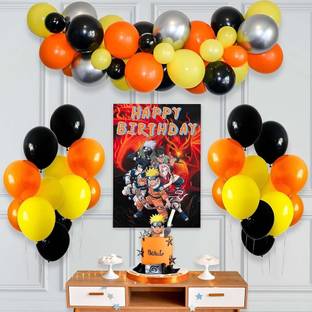 specialyou.in Orange, Black, Silver Naruto Theme Birthday Decoration Items Kit with Poster- 68 Pcs