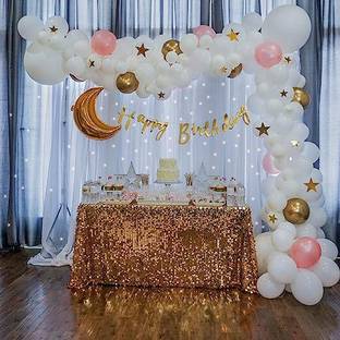 specialyou.in SpecialYou Star and Moon theme birthday decoration item with Pastel color balloon and net curtain curtain with string light and star bunting- 70 pcs