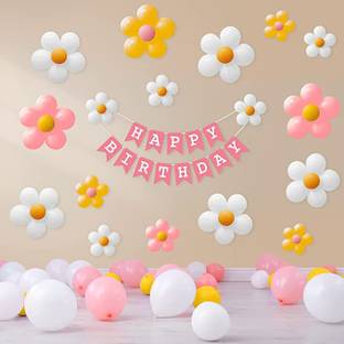 specialyou.in SpecialYou 128pcs Flower Balloon Birthday Decoration Item kit for Girls with Pastel Pink, White and Yellow Balloons with Flower Clip and Pink HBD Banner