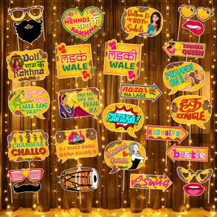 ZYOZI Multicolor Mehandi Ceremony Decorations Kit - Photo Booth Props & Rice Light (Pack of 28)