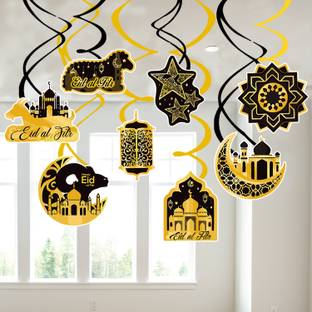 ZYOZI Black, Gold Ramadan Mubarak Decorations, Eid Umrah Mubarak Hanging Swirls (Pack of 8)
