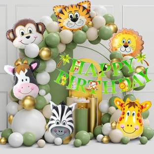 Rozi Decoration Gold, Green, White Jungle Theme Birthday Decoration/ All Animals Balloons Combo