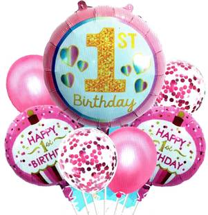 viaancollection Pink Baby girl 1st Birthday printed theme decoration foil balloon set of 7
