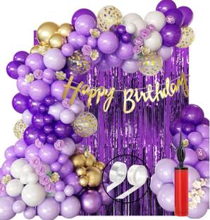 RP Bazaar Purple, Golden, White Golden Purple Balloon Happy Birthday Banner Decoration Kit With Pump